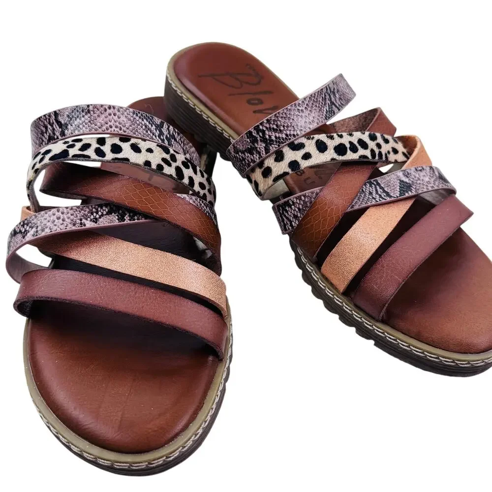 Blowfish Malibu Orrah Leather Mixed Animal Print Slide On Sandals Women's Size 8